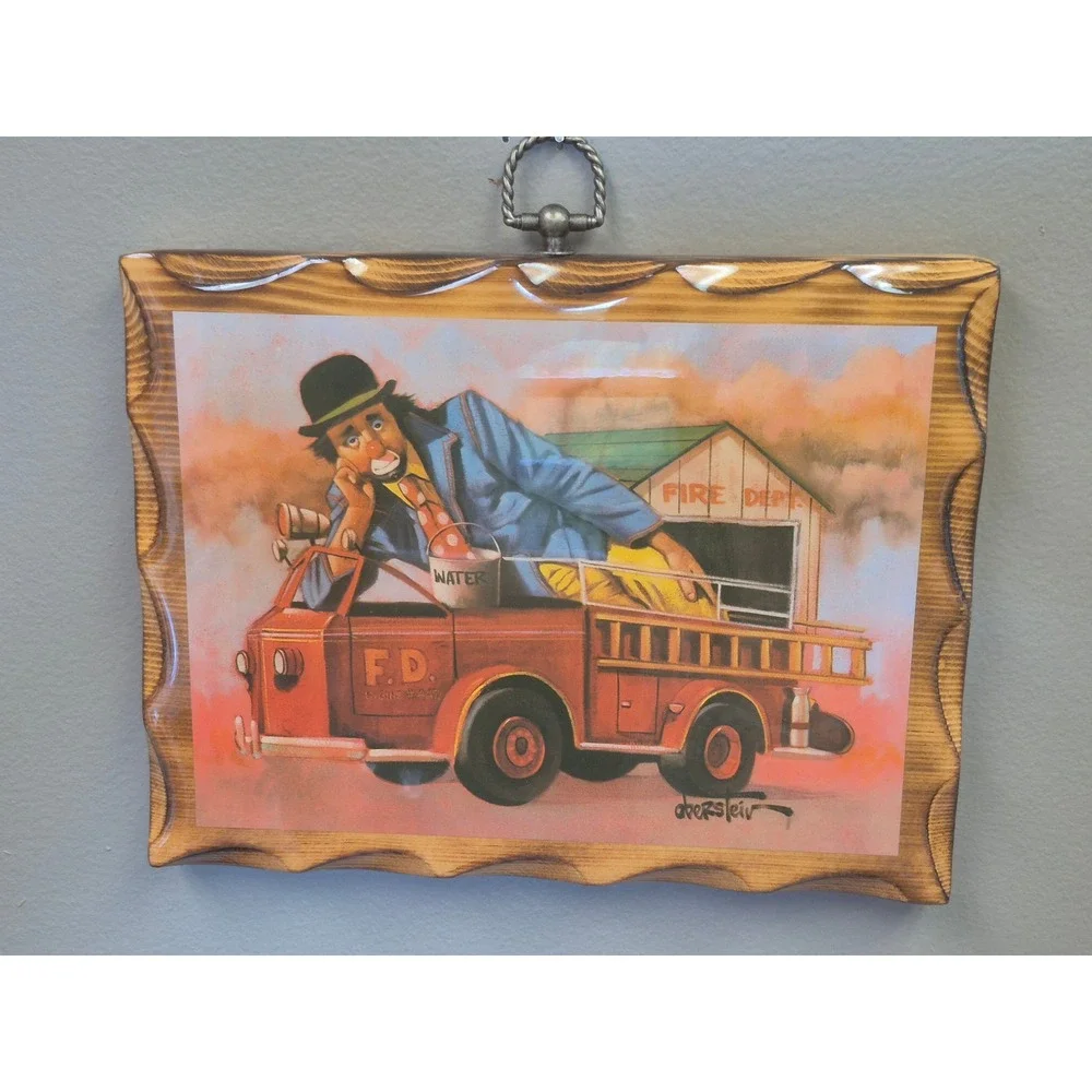 Vintage Oberstein Clown Fire Truck Firefighter Wood Wall Plaque Print Wall Decor